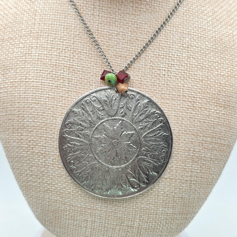 RACHEL ROY Etched Medallion Necklace Jade‎ Garnet Statement Curb Chain 40"